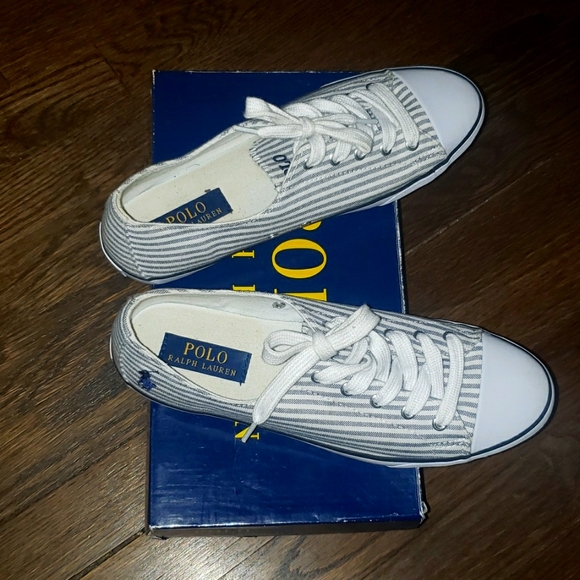 Polo ralph lauren navy cloth stripe sneaker.  Size 8.5. - Picture 2 of 4
